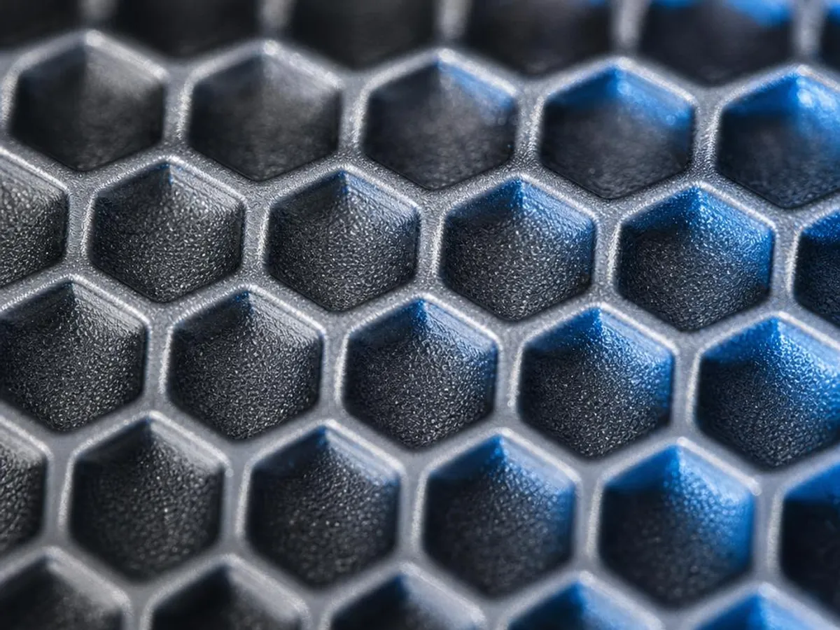 Microceldas hexagonales recién grabadas en la superficie cerámica de un rodillo Anilox