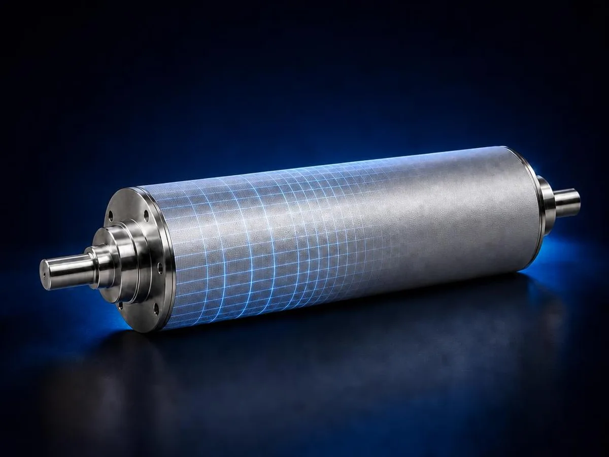 Rodillo Anilox con una cuadrícula digital de luz proyectada, representando una especificación personalizada